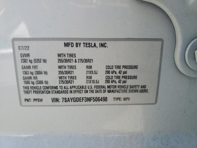 7SAYGDEF3NF506498 - 2022 TESLA MODEL Y WHITE photo 12