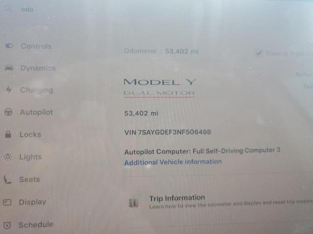 7SAYGDEF3NF506498 - 2022 TESLA MODEL Y WHITE photo 9