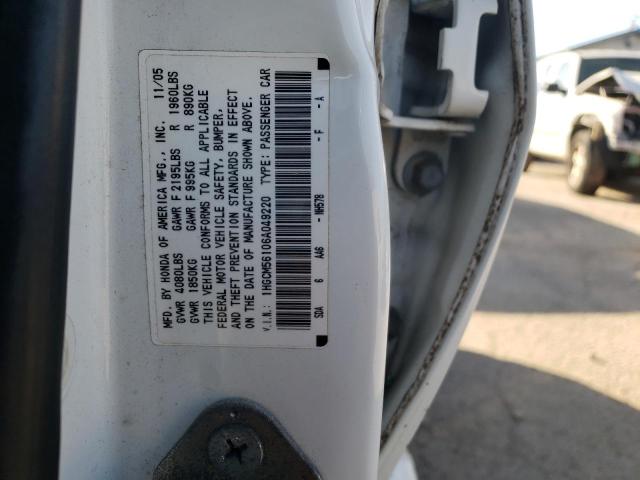 1HGCM56106A049220 - 2006 HONDA ACCORD VALUE WHITE photo 10