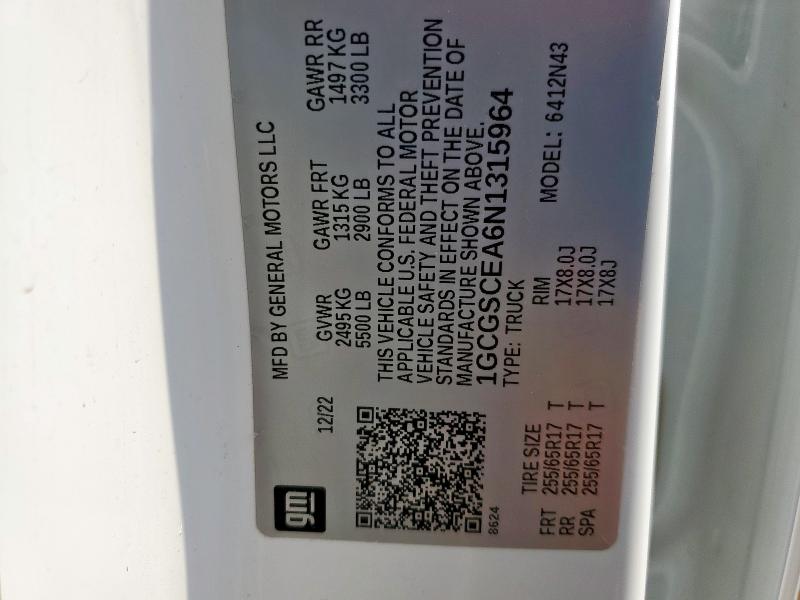 1GCGSCEA6N1315964 - 2022 CHEVROLET COLORADO LT WHITE photo 12