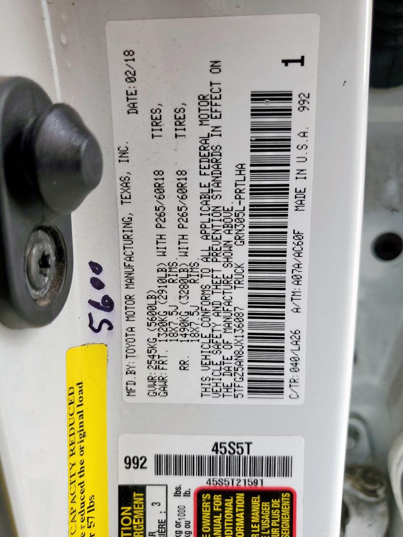 5TFGZ5AN8JX136087 - 2018 TOYOTA TACOMA DOUBLE CAB Ağ foto 13