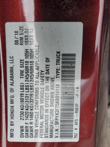 5FPYK3F75KB014118 - 2019 HONDA RIDGELINE RTL Rouge photo 13