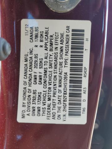 2HGFB2F8XDH510954 - 2013 HONDA CIVIC EX 勃艮第红 照片 12