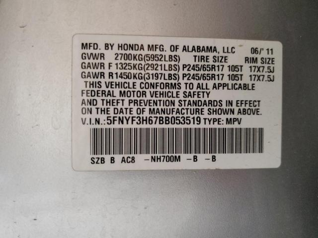 5FNYF3H67BB053519 - 2011 HONDA PILOT EXL SILVER photo 13