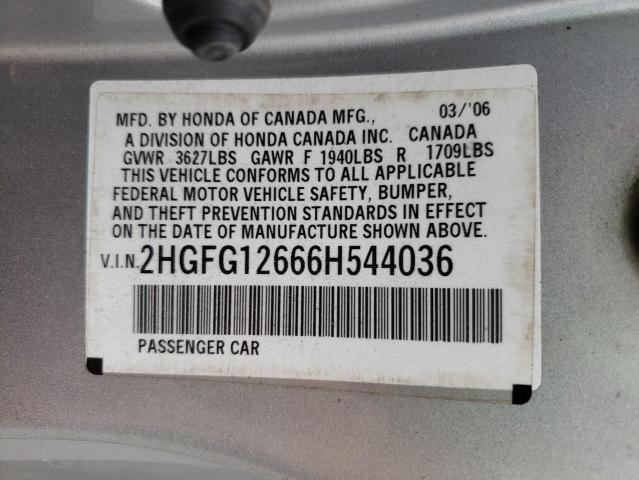 2HGFG12666H544036 - 2006 HONDA CIVIC LX SILVER photo 12