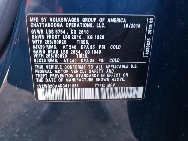 1V2WR2CA4KC611228 - 2019 VOLKSWAGEN ATLAS SE BLUE photo 12