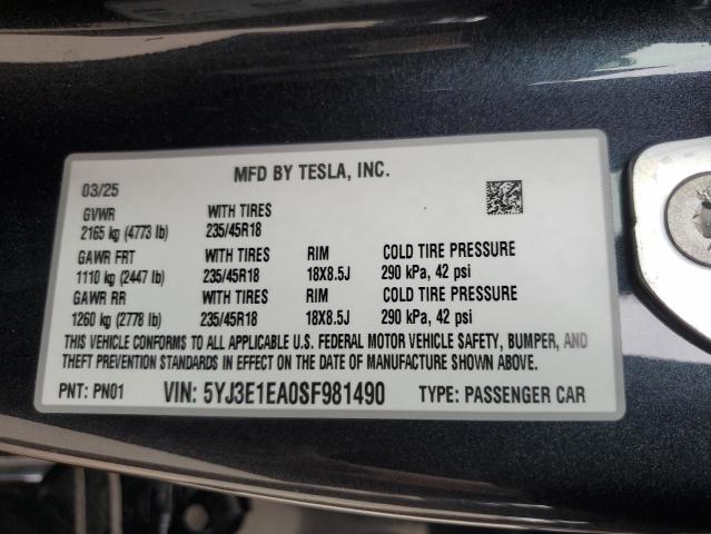 5YJ3E1EA0SF981490 - 2025 TESLA MODEL 3 GRAY photo 12