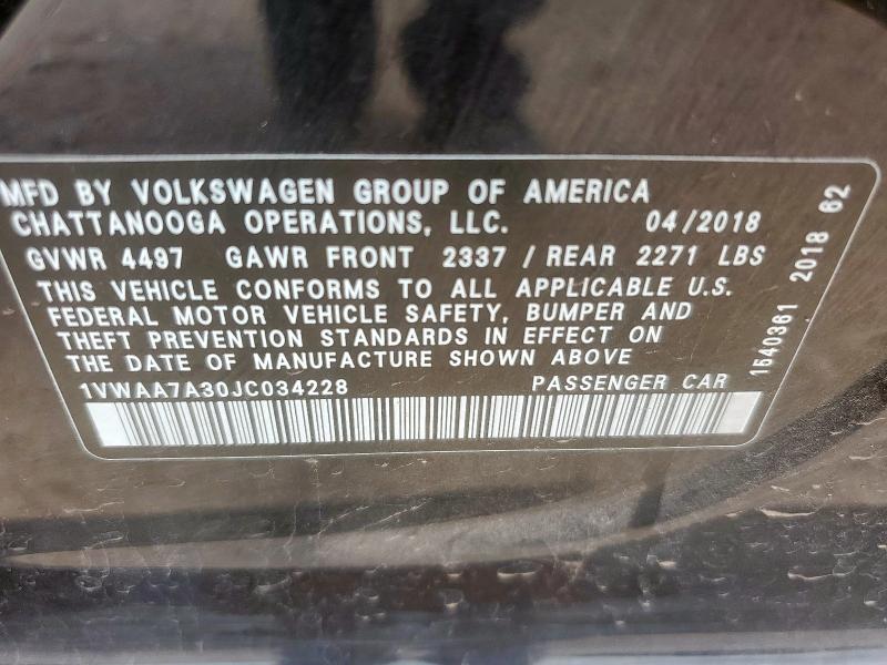 1VWAA7A30JC034228 - 2018 VOLKSWAGEN PASSAT S BLACK photo 12