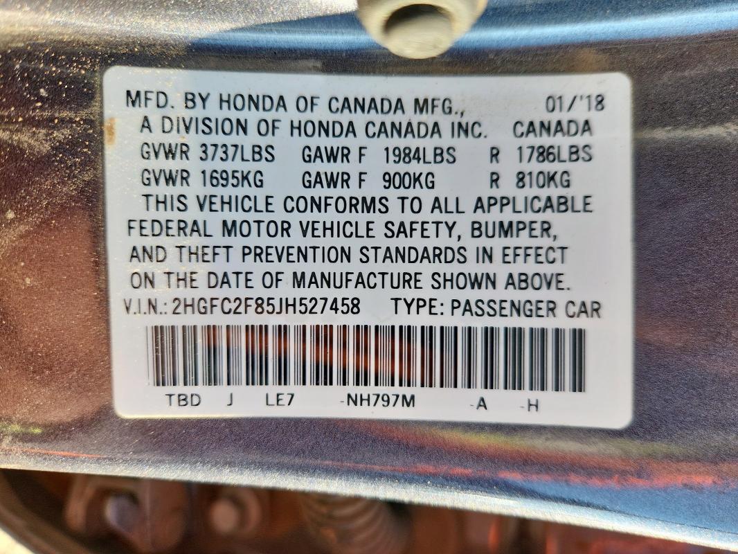 2HGFC2F85JH527458 - 2018 HONDA CIVIC EX رمادي صورة 12