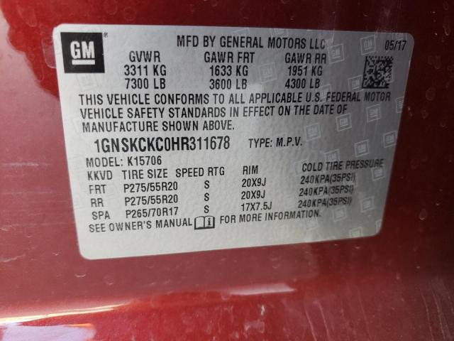 1GNSKCKC0HR311678 - 2017 CHEVROLET TAHOE K1500 PREMIER RED photo 13