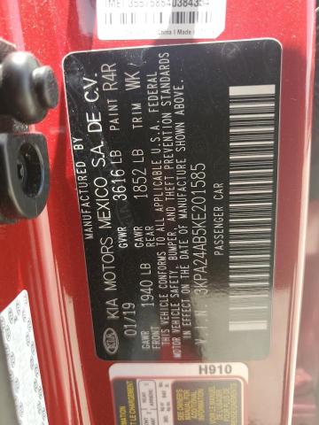 3KPA24AB5KE201585 - 2019 KIA RIO S RED photo 12