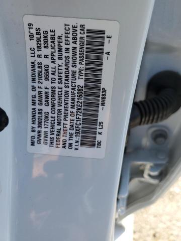 19XFC1F72KE216082 - 2019 HONDA CIVIC EXL თეთრი ფოტო 12