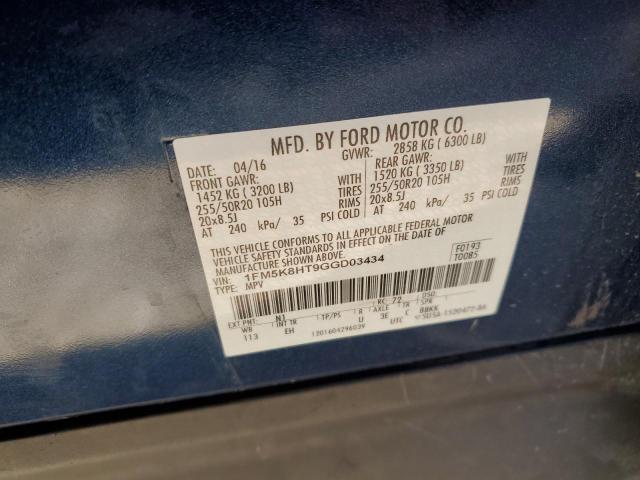 1FM5K8HT9GGD03434 - 2016 FORD EXPLORER PLATINUM BLUE photo 13