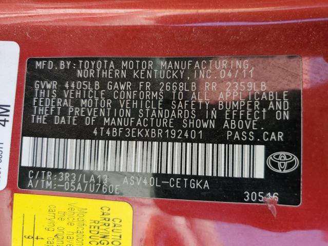 4T4BF3EKXBR192401 - 2011 TOYOTA CAMRY BASE RED photo 12