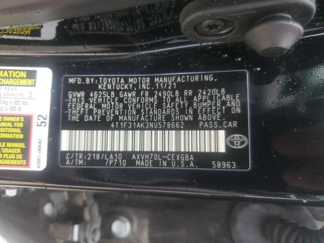 4T1F31AK3NU578662 - 2022 TOYOTA CAMRY XLE BLACK photo 12