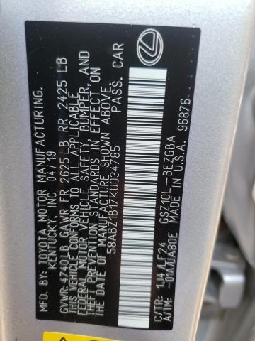 58ABZ1B17KU034785 - 2019 LEXUS ES 350 SILVER photo 12