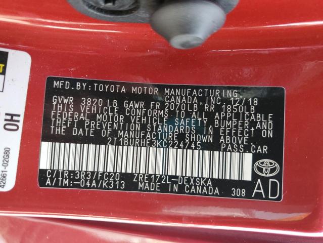 2T1BURHE3KC224745 - 2019 TOYOTA COROLLA L Qırmızı foto 12