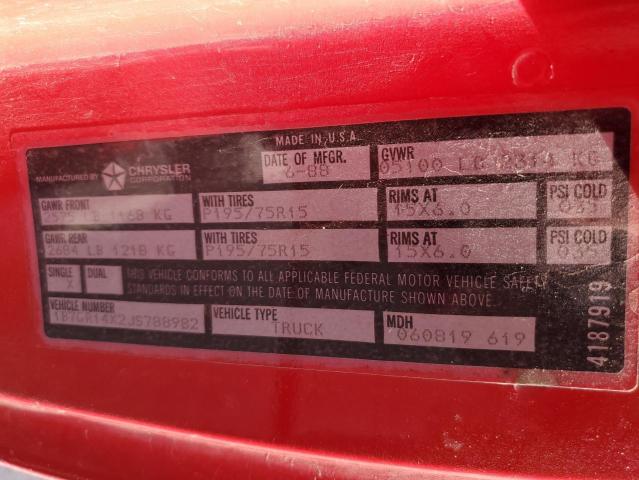 1B7GR14X2JS788982 - 1988 DODGE DAKOTA წითელი ფოტო 12