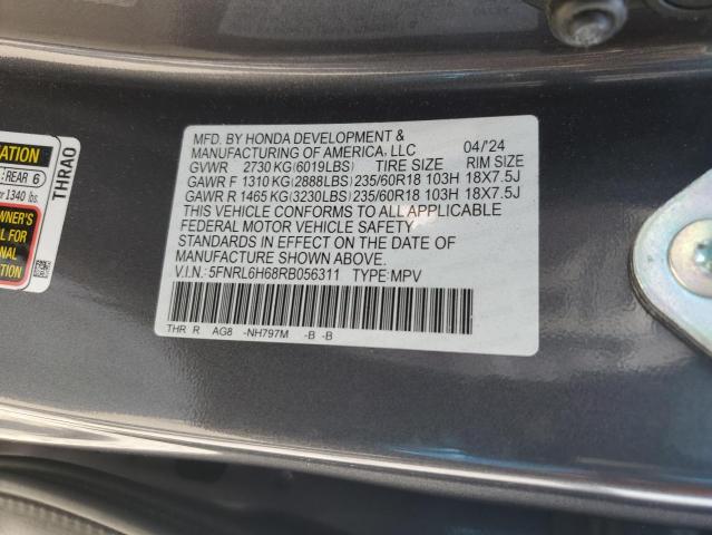 5FNRL6H68RB056311 - 2024 HONDA ODYSSEY EXL GRAY photo 13