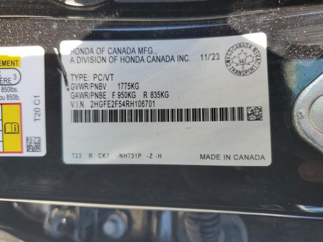 2HGFE2F54RH106701 - 2024 HONDA CIVIC SPORT შავი ფოტო 12