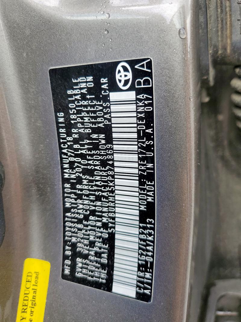 5YFBURHE5KP874869 - 2019 TOYOTA COROLLA LE L TAN photo 12