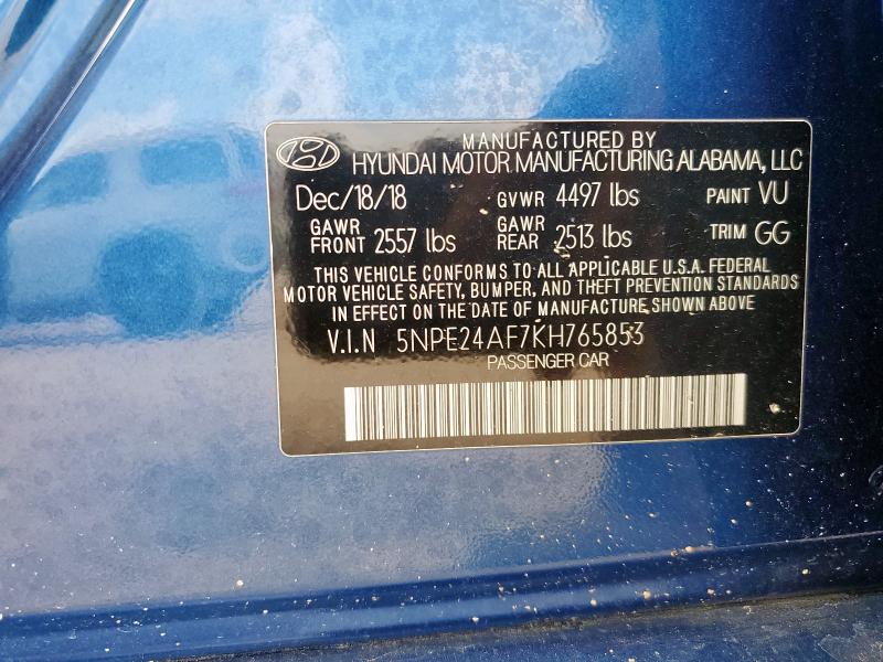 5NPE24AF7KH765853 - 2019 HYUNDAI SONATA SE BLUE photo 12