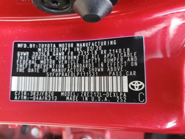 5YFVPRAE0LP111531 - 2020 TOYOTA COROLLA LE RED photo 12