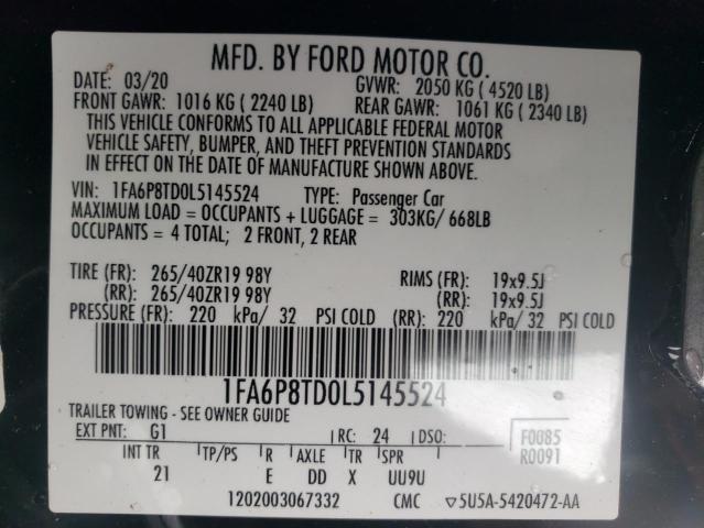 1FA6P8TD0L5145524 - 2020 FORD MUSTANG BLACK photo 12