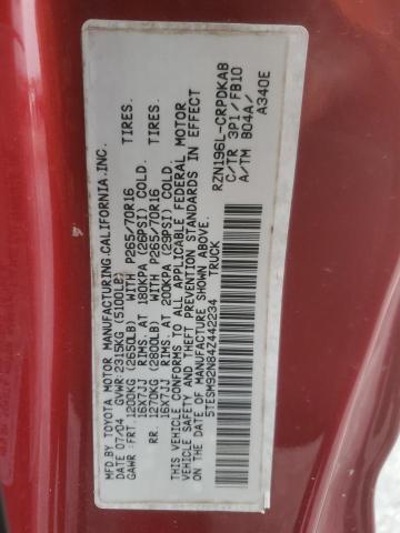 5TESM92N84Z442234 - 2004 TOYOTA TACOMA XTRACAB PRERUNNER წითელი ფოტო 12