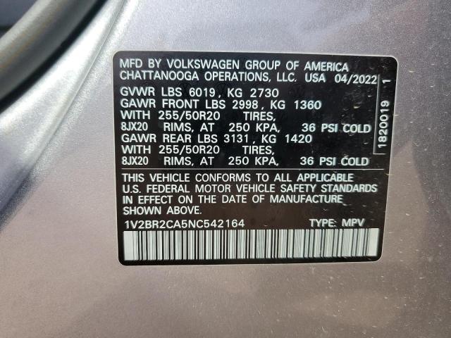 1V2BR2CA5NC542164 - 2022 VOLKSWAGEN ATLAS SEL SILVER photo 13
