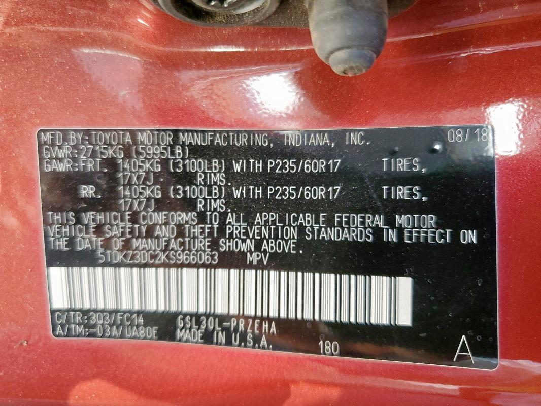 5TDKZ3DC2KS966063 - 2019 TOYOTA SIENNA LE 栗色 照片 13