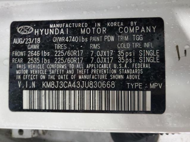 KM8J3CA43JU830668 - 2018 HYUNDAI TUCSON SEL WHITE photo 12