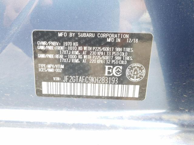 JF2GTAFC9KH283193 - 2019 SUBARU CROSSTREK PREMIUM Mavi foto 9