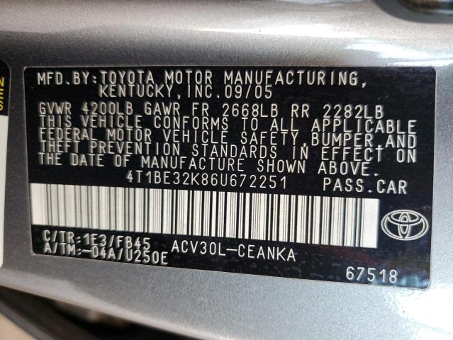 4T1BE32K86U672251 - 2006 TOYOTA CAMRY LE GRAY photo 12