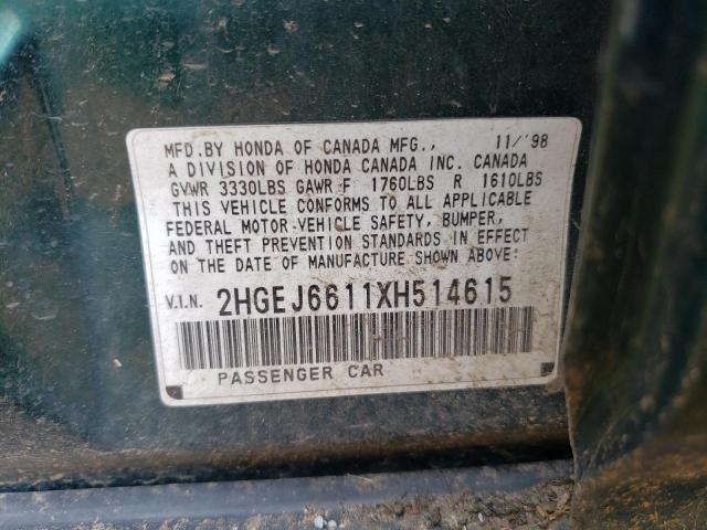 2HGEJ6611XH514615 - 1999 HONDA CIVIC BASE Yaşıl foto 12