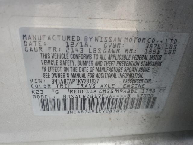 3N1AB7AP1KY281837 - 2019 NISSAN SENTRA S SILVER photo 12