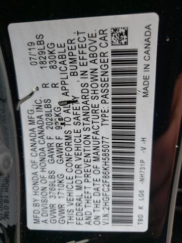 2HGFC2F86KH585077 - 2019 HONDA CIVIC SPORT 黑色 照片 12