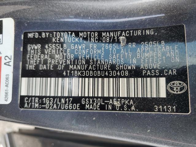 4T1BK3DB0BU430408 - 2011 TOYOTA AVALON BASE 石墨色 照片 13