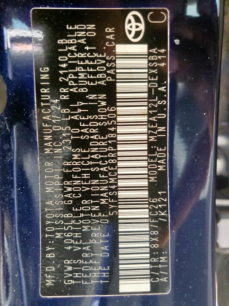 5YFS4MCE8RP184506 - 2024 TOYOTA COROLLA SE ლურჯი ფოტო 12