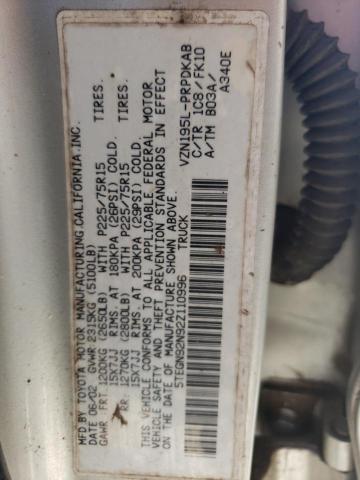 5TEGN92N92Z110996 - 2002 TOYOTA TACOMA DOUBLE CAB PRERUNNER SILVER photo 12