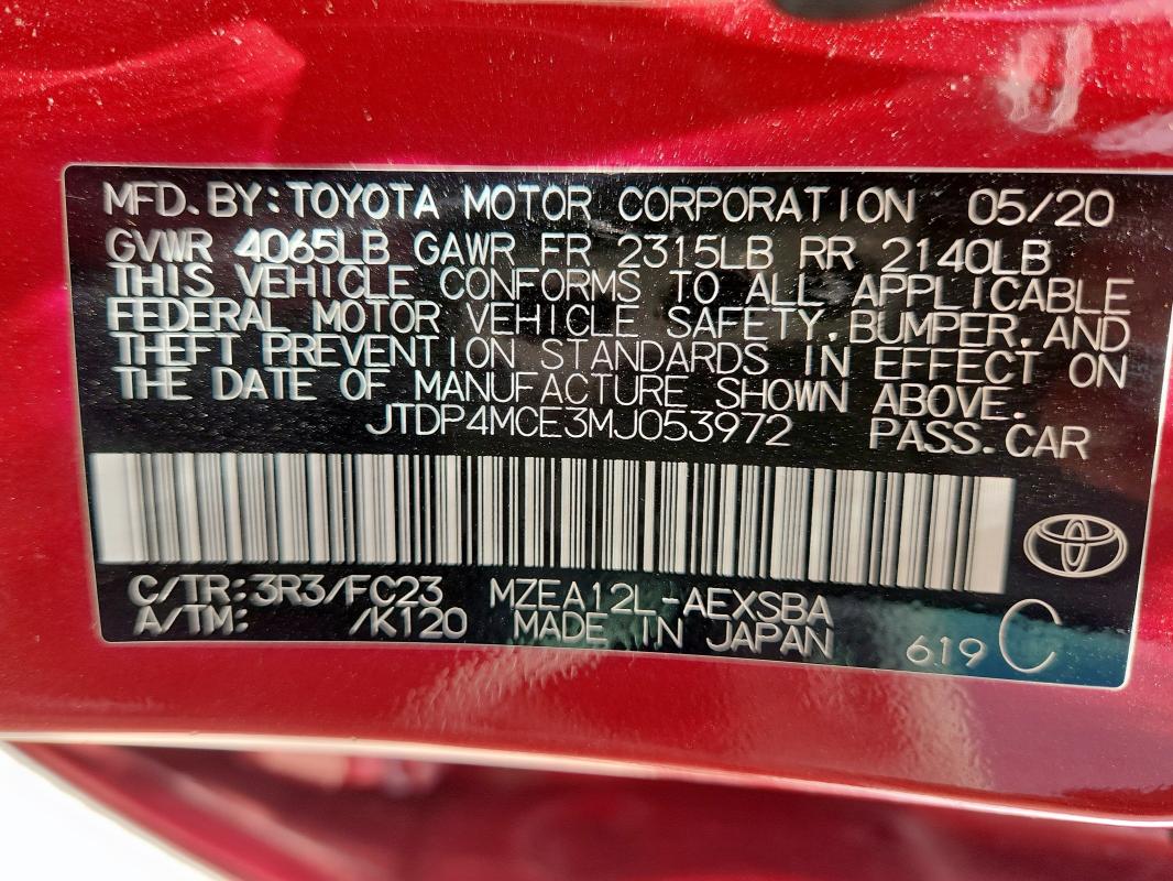 JTDP4MCE3MJ053972 - 2021 TOYOTA COROLLA SE RED photo 12