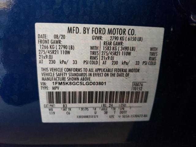 1FM5K8GC5LGD03801 - 2020 FORD EXPLORER ST BLUE photo 12