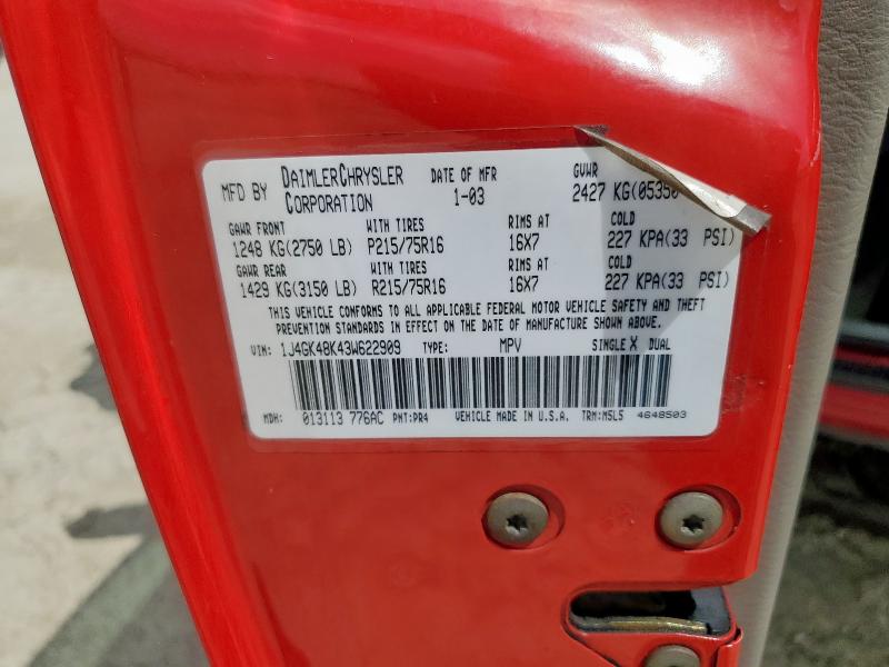 1J4GK48K43W622909 - 2003 JEEP LIBERTY SPORT RED photo 14