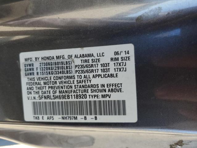 5FNRL5H69EB118920 - 2014 HONDA ODYSSEY EXL GRAY photo 13