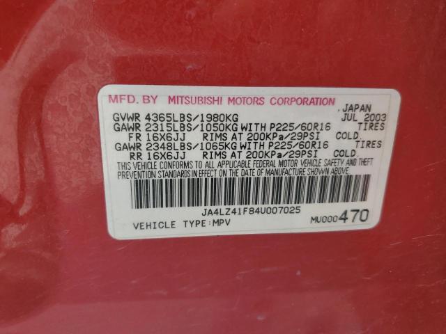 JA4LZ41F84U007025 - 2004 MITSUBISHI OUTLANDER XLS RED photo 13