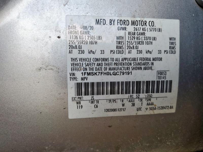 1FMSK7FH0LGC79191 - 2020 FORD EXPLORER LIMITED ვერცხლისფერი ფოტო 13