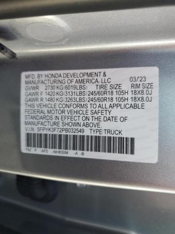 5FPYK3F72PB032549 - 2023 HONDA RIDGELINE RTL-E SILVER photo 13