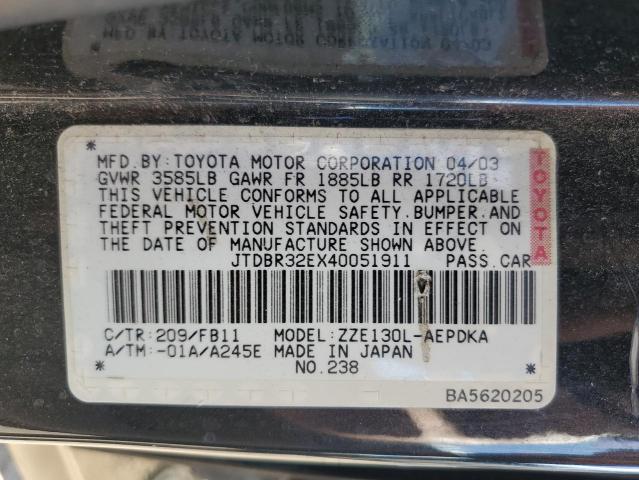 JTDBR32EX40051911 - 2004 TOYOTA COROLLA CE Սև լուսանկար 12