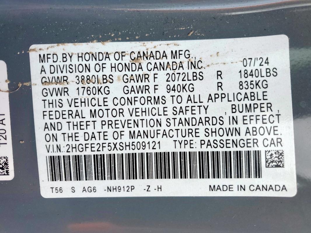 2HGFE2F5XSH509121 - 2025 HONDA CIVIC SPORT GRAY photo 12