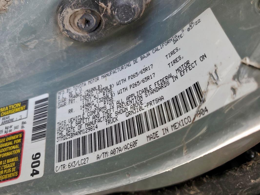 3TMDZ5BN4NM129814 - 2022 TOYOTA TACOMA DOUBLE CAB GRAY photo 12